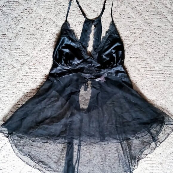Victoria's Secret Black Lace & Silk Semi-sheer Mesh Babydoll Chemise Lingerie - Picture 6 of 16